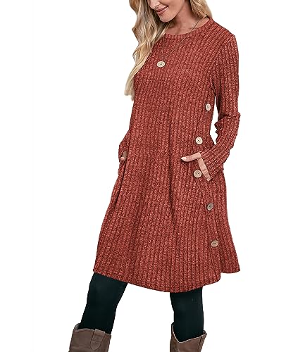 OFEEFAN Fall and Winter Tunic Dress with Pockets Long Sleeve Crew Neck Buttons Side