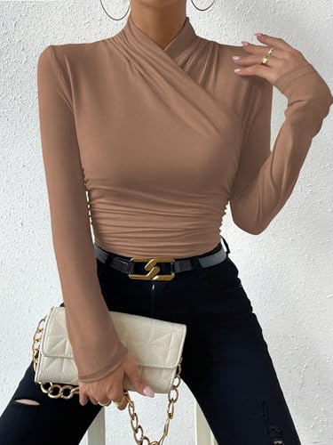 SweatyRocks Women's Ruched Mock Neck Long Sleeve T Shirt Solid Slim Fitted Tee Tops