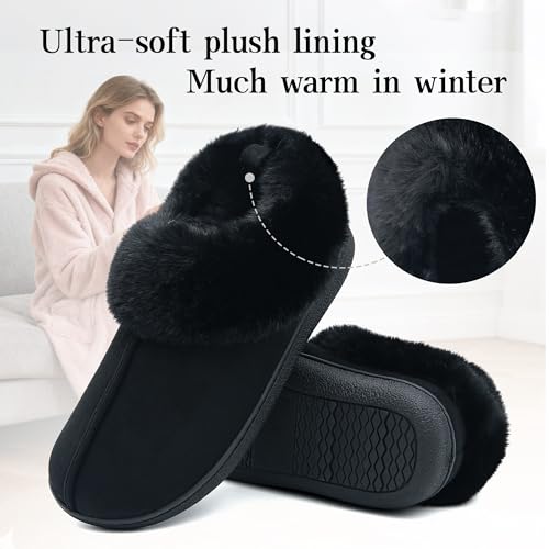 Jerzmy House Slippers for Women, Memory Foam Fuzzy Woman Slippers Suede Faux Fur with Arch Support Plush Lining Collar, Co...