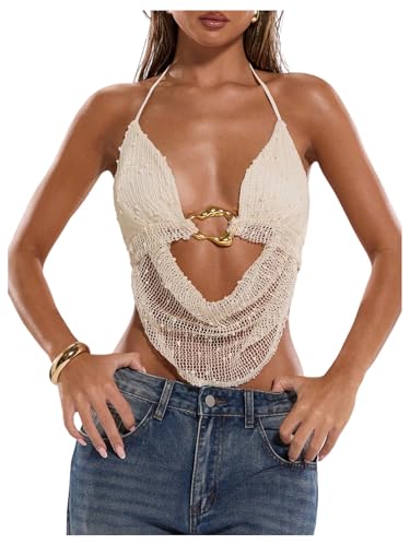 MakeMeChic Women's Y2k Halter Top Tie Open Back Metal Ring Draped Front Sequin Rave Club Party Going Out Tops