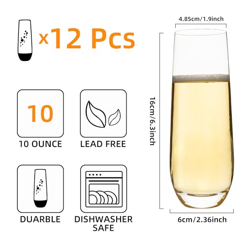 Stemless Champagne Flutes Set of 12, 10 oz Modern Clear Glasses for Champagne, Mimosas, Prosecco and Cocktails, Durable an...