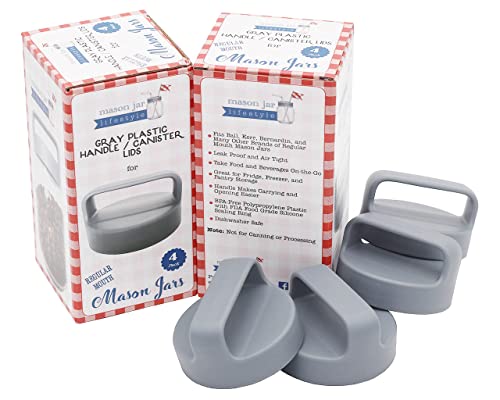 Gray Plastic Handle / Canister Lid by Mason Jar Lifestyle (4 Pack, Regular Mouth)