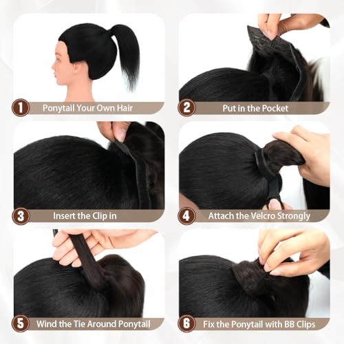 Ponytail Extension Human Hair 18 Inch Dark Brown to Chestnut Brown Silky Straight Clip in Hair Extensions Wrap Around Ponytail Hair Piece for Girls(18 inch Dark Brown to Chestnut Brown #2P6 85G)