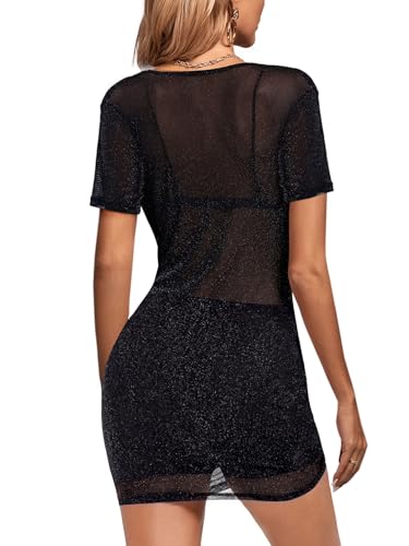 KIFOVEN Women's Sheer Mesh Glitter Dress Short Sleeve with Under Skirt 2 Pcs Outfits Without Bra