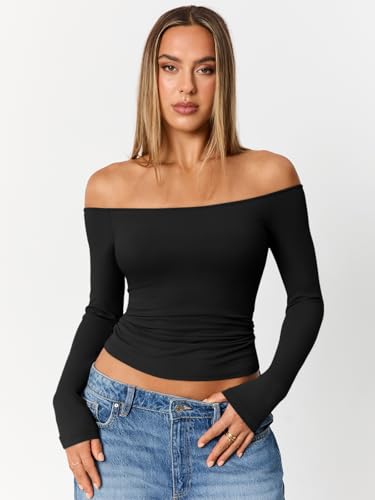 Trendy Queen Womens Long Sleeve Off The Shoulder Tops Going Out Cute Basic Y2K Fall Fashion 2026 Outfits Clothes