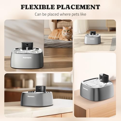 Pumpless Cat Water Fountain Stainless Steel, Automatic Cordless Cats and Dogs Water Dispenser 108oz/3.2L, Pawtners Battery...