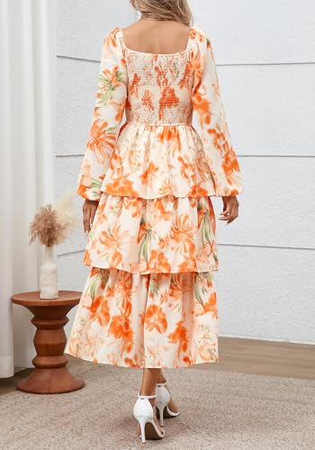 BTFBM Spring Dresses for Women 2026 Floral Long Sleeve Smocked Square Neck Ruffle Tiered Flowy Party Wedding Guest Dress