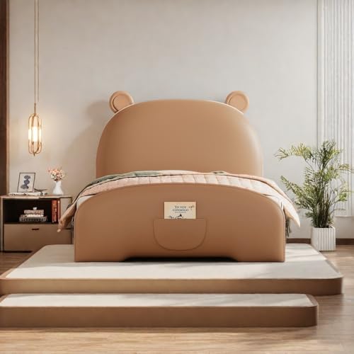 SOFTSEA Twin Size Upholstered Platform Bed with Bear-Shaped Headboard and Footboard, Twin Size Bed Frame with Wooden Slats Support, Brown+White