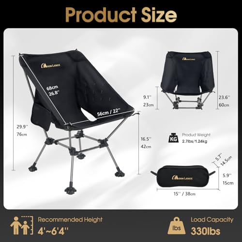 MOON LENCE Portable Camping Chair Plus Size, Folding Backpacking Beach Chair with Groundgrip Feet, Upgraded Comfort & Siz...