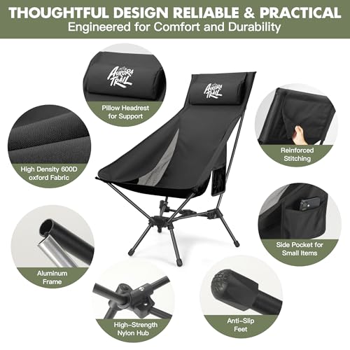 AuroraTrail High Back Folding Camping Chair with Pillow – Lightweight Portable Outdoor Chair with Cup Holder & Carry Bag, ...