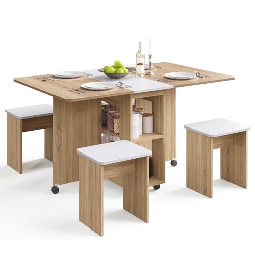 Mondeer Folding Dining Table Set for 4, Drop Leaf Table with 4 Chairs for Small Spaces, Dining Room Table Set with Storage...