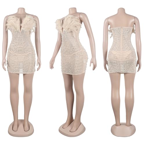 Geulis Women's Sexy Strapless Dress See Through Feather Rhinestone Mini Dress Bodycon Birthday Dresses with Thongs