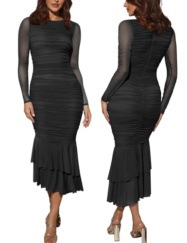 Atizon Elegant Ruched Bodycon Evening Dresses for Women Cocktail Party Formal Maxi Mermaid Dress