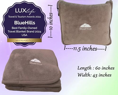 BlueHills Premium Soft Travel Blanket Pillow Airplane Flight Blanket Throw in Soft Bag Pillow case with Luggage Belt & Bac...
