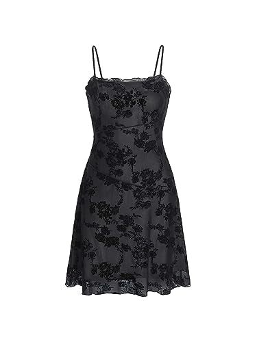 Verdusa Women's Mini Dress Floral Spaghetti Strap Mesh Dresses Going Out Festival Concert Outfits Grunge Gothic Clothes