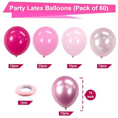 Bezente Pink Balloons Set,60pcs 12 inch Metallic Pearl Pink, Hot & Pastel Pink Latex Balloons Kit for Birthday,Wedding,Bab...