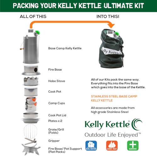 Kelly Kettle Ultimate Base Camp Kit – 54 oz Large Stainless Steel Camp Kettle, Lightweight Camping Kettle with Whistle, Ke...