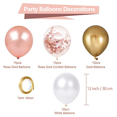 Rose Gold Confetti Latex Balloons, 60 Pack White Balloons 12 Inch with Gold Ribbon for Birthday Party, Wedding, Bridal Sho...