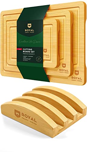 ROYAL CRAFT WOOD Bamboo Cutting Board Set with Juice Groove (3 Pieces) and Cutting Board Organizer