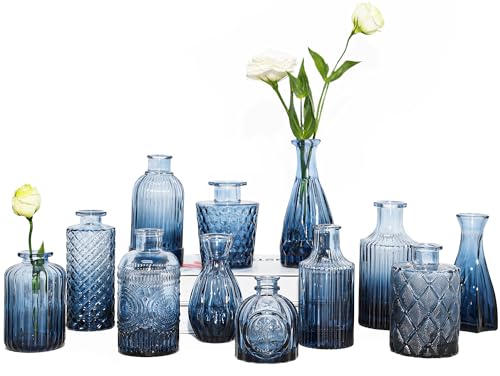 TBWIND 12Pcs Blue Glass Bud Vases Set, Small Vases for Flowers, Perfect for Centerpieces at Parties, Baby Showers, Wedding...