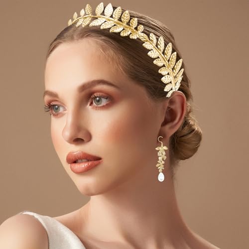5 Pieces Greek Goddess Costume Accessories Set, 1 Piece Golden Leaf Crown Headband, 2 Pieces Coil Upper Armband Bracelet, ...