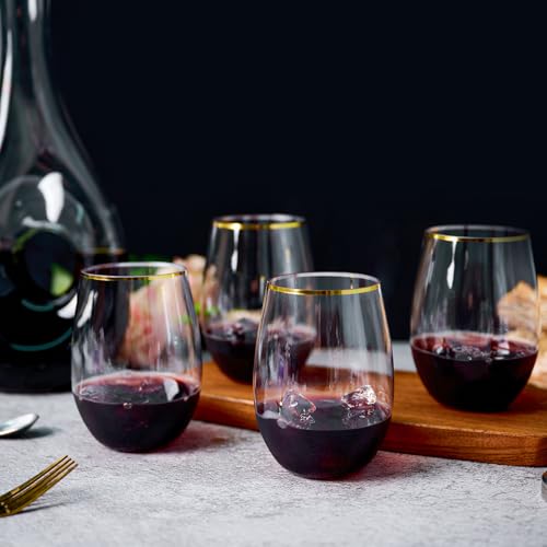 FOCUSLINE 20pcs 16 Oz Plastic Wine Glasses, Stemless Gold Rim, Heavy Duty Disposable Drinking Cups, Reusable Shatterproof ...