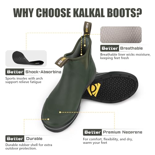 Kalkal Men's Deck Boots Anti-Slip Saltwater Fishing Rain Boots with Memory Foam, Waterproof Rubber Ankle Work Boots for Sa...