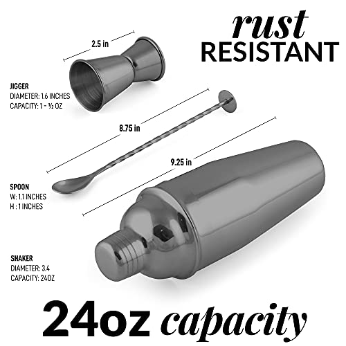 Large 24 oz Stainless Steel Cocktail Shaker Set - Mixed Drink Shaker - Martini Shaker Set with Built in Strainer, Double S...