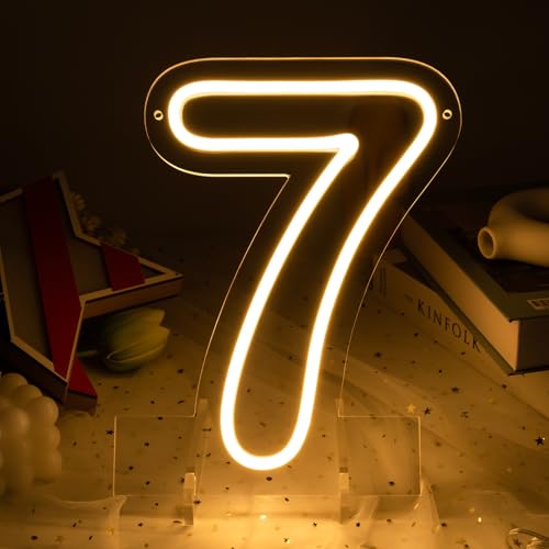 Number 7 LED Neon Sign Backdrop Birthday Party Decoration, 11.3" Height Warm White Marquee Numbers Seven Light Up Sign for...