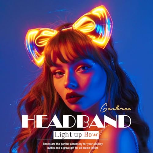 GENBREE Light Up Bow Headband Silver Led Disco Hair Band Glowing Rave Party Costume Hair Accessories for Women