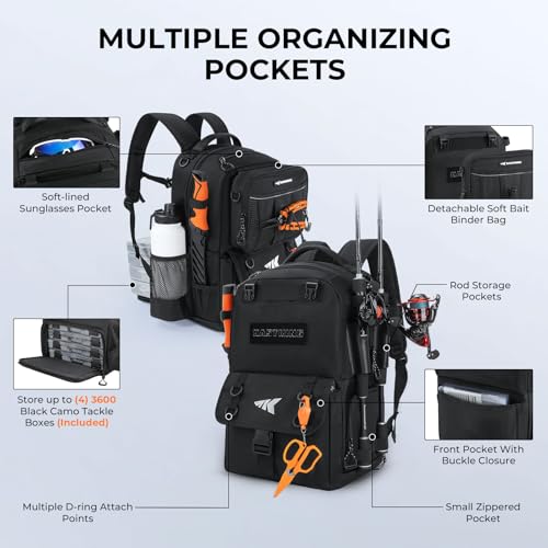 KastKing BaitSpace 50L Fishing Tackle Backpack with Removable Bait Binder,2 Rod Holders Storage Fishing Gear and Equipment