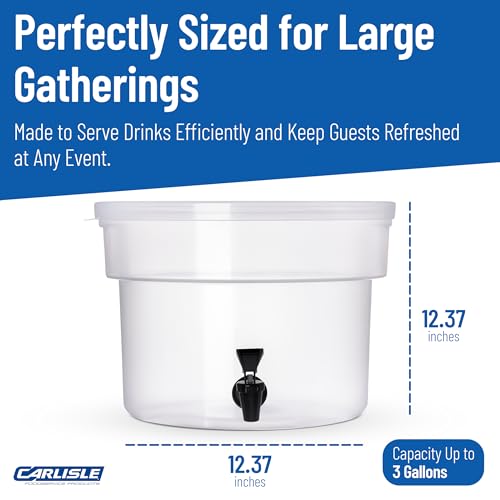 Carlisle FoodService Products Round Beverage Dispenser Drink Dispenser with Spigot for Catering, Plastic, 3 Gallons, Clear