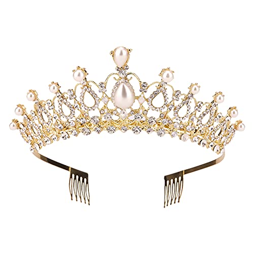 Sppry Women Tiara with Comb - Pearl Crystal Crown for Bridal Queen Princess Girls at Wedding Birthday Pageant (Gold)