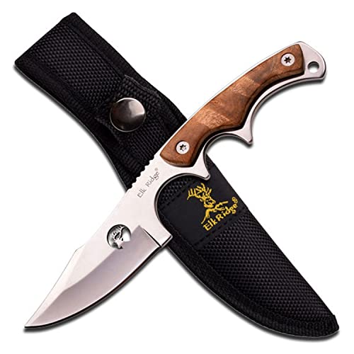 Elk Ridge - Outdoors Fixed Blade Knife - 6.75-in Overall, Mirror Finished Stainless Steel Blade, Burl Wood Handle - Full T...