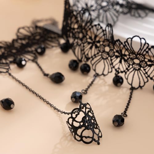 Bestleey Gothic Layered Lace Choker Necklace Earrings Set for Women,Vintage Black Crystal Tassels Necklaces Earrings Set Statement Punk Style Necklaces Earring Halloween Dark Vampire Jewelry (Black1)