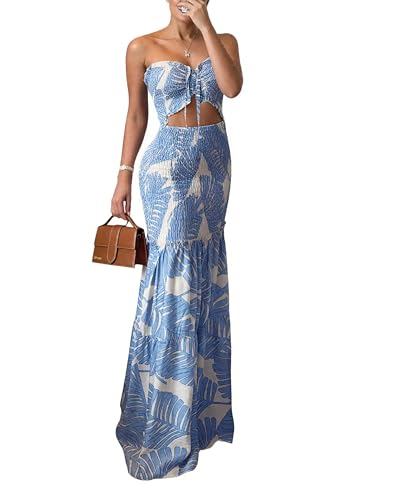 CHICME Floral Printed Prom Dress Tie Ruched Shirred Bandeau Party Dress Slim Fit Ruffle Hem Vacation Dresses