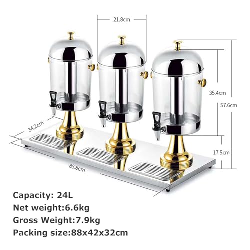XQZMZSCP Three Head Juice Dispenser, 24L Stainless Steel Commercial Clear Glass Drinks Dispenser Container with Ice Contai...
