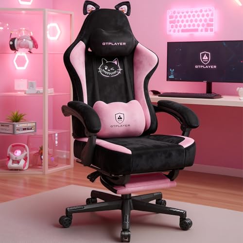 GTPLAYER Pink Gaming Chair Cute with Cat Ears Ergonomic Computer Chair with Cat Embroidery Adjustable Memory Foam Lumbar S...