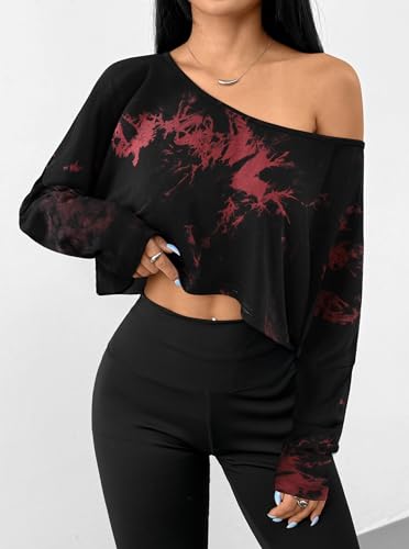 Hilinker Womens Off Shoulder Long Sleeve Crop Tops Sexy Boat Neck Loose Casual T Shirt