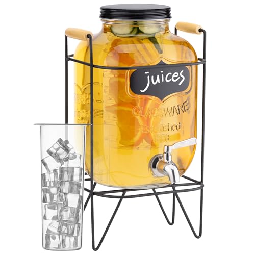 Navaris Glass Jar Drink Dispenser with Tap - Includes Metal Stand, Ice Tube, and Fruit Infuser - For Cocktail, Lemonade, W...