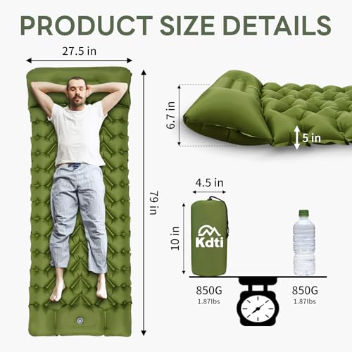 Kdti Camping Sleeping Pad with Pillow, Built-in Foot Pump Inflatable Sleeping Pad, Ultralight Air Mattress, Durable Waterp...
