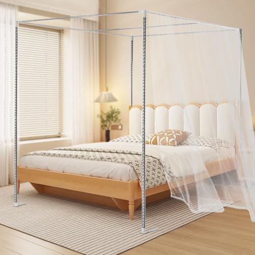 ZAWAYINE Canopy Bed Frame,Stainless Steel Four Corner Bed Canopy Poles Mosquito Net Frame Thickened Metal Canopy Frame Poles for Metal and Wood Bed Frames, Bedroom Decor Upgrade,59"x78"x78"(Queen)
