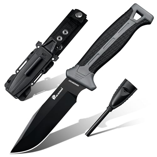 HX OUTDOORS Extra Sharp Bushcraft Knife with Fire Starter, Premium D2 Steel Fixed Blade Survival Camping Knife with Ferro ...