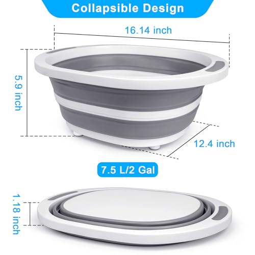 Collapsible Wash Basin, 7.5L Dish Tub Sink Basin Folding Dish Pans for Kitchen Sink, 2-in-1 Dishpan + Cutting Board, Porta...