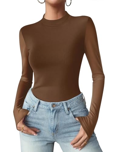 Zeagoo Womens Floral Mesh Long Sleeve Tops See Through Going Out Blouses Mock Neck Sheer Party Outfits Shirts S-XXL