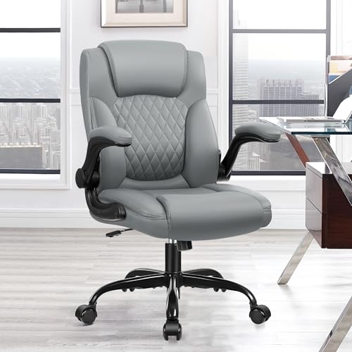 HeroSet Leather Office Chair, Ergonomic Home Office Desk Chair with Adjustable Flip-Up Arms and Lumber Support, Computer C...
