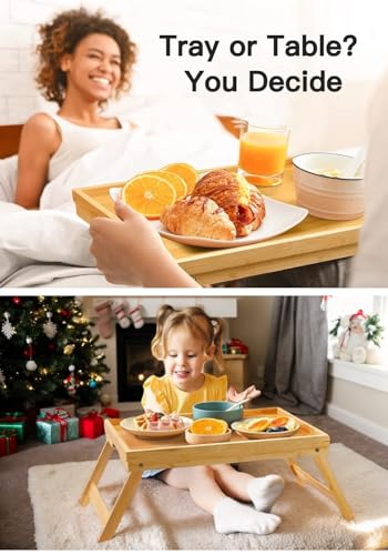 Bamboo Bed Tray Table with Foldable Legs, Breakfast Tray for Sofa, Bed, Eating, Working, Used As Laptop Desk Snack Tray by...