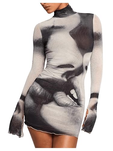 GORGLITTER Women's Mesh Long Sleeve Rave Festival Dress Y2K Fall Gothic High Neck Newspaper Going Out Club Mini Dresses