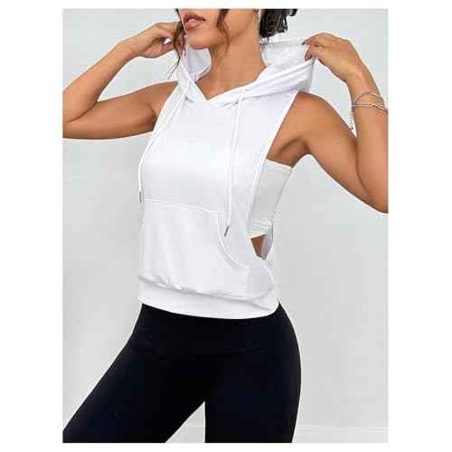 SweatyRocks Women's Sleeveless Low Cut Racerback Hoodies Workout Tops Cropped Hooded Tanks with Pocket