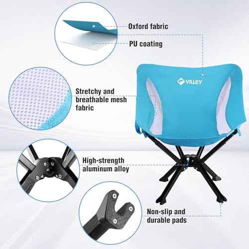 VILLEY Portable Folding Chair Lightweight Camping Chair No Assembly Needed, Quick Setup for Beach, Hiking, Supports 330 LBS, Blue, 2-Pack